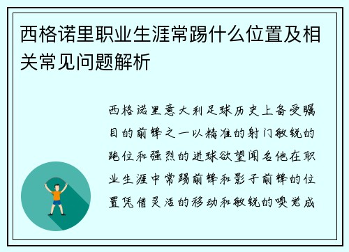 西格诺里职业生涯常踢什么位置及相关常见问题解析